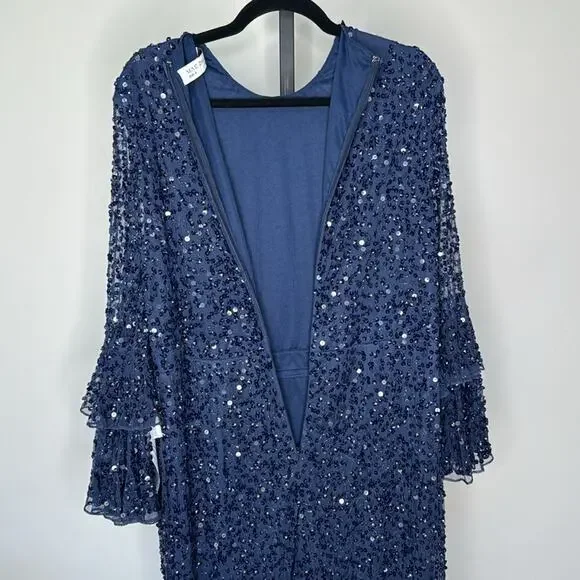 NWT MAC DUGGAL 10802 Navy Fully Sequined Ruffle Tiered 3/4 Sleeve Midi Dress - Picture 12 of 14